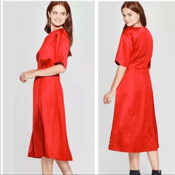 NWT PROLOGUE Satin Elbow Length Sleeve Boat Neck A-Line Midi Dress - Red S - Picture 2 of 7